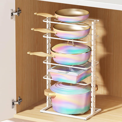 LAMU Pots and Pans Organizer Under Cabinet, 5 -Tier Dual-Pillar Design | Adjustable All-Metal Rack Stores Pots, Pans And Lids in Cabinets, on Countertops or Under Sinks, Holding Up to 55 Lb Black