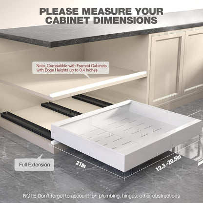 4 Pack Pull Out Cabinet Organizer 21" Deep,Full Extension 3 Slide Rails Slide Out Drawers With Raising Pad for Framed Cabinets,Expandable Width (12.3"-20.5"),No Drill Roll Out Shelves,White