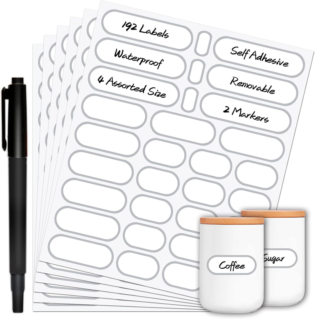 Waterproof Removable Labels for Bottles, Jars & Food Containers - Self-Adhesive Stickers for Kitchen Pantry Storage, Spice Labels, Travel - 192pcs 4 Sizes with Silver Border