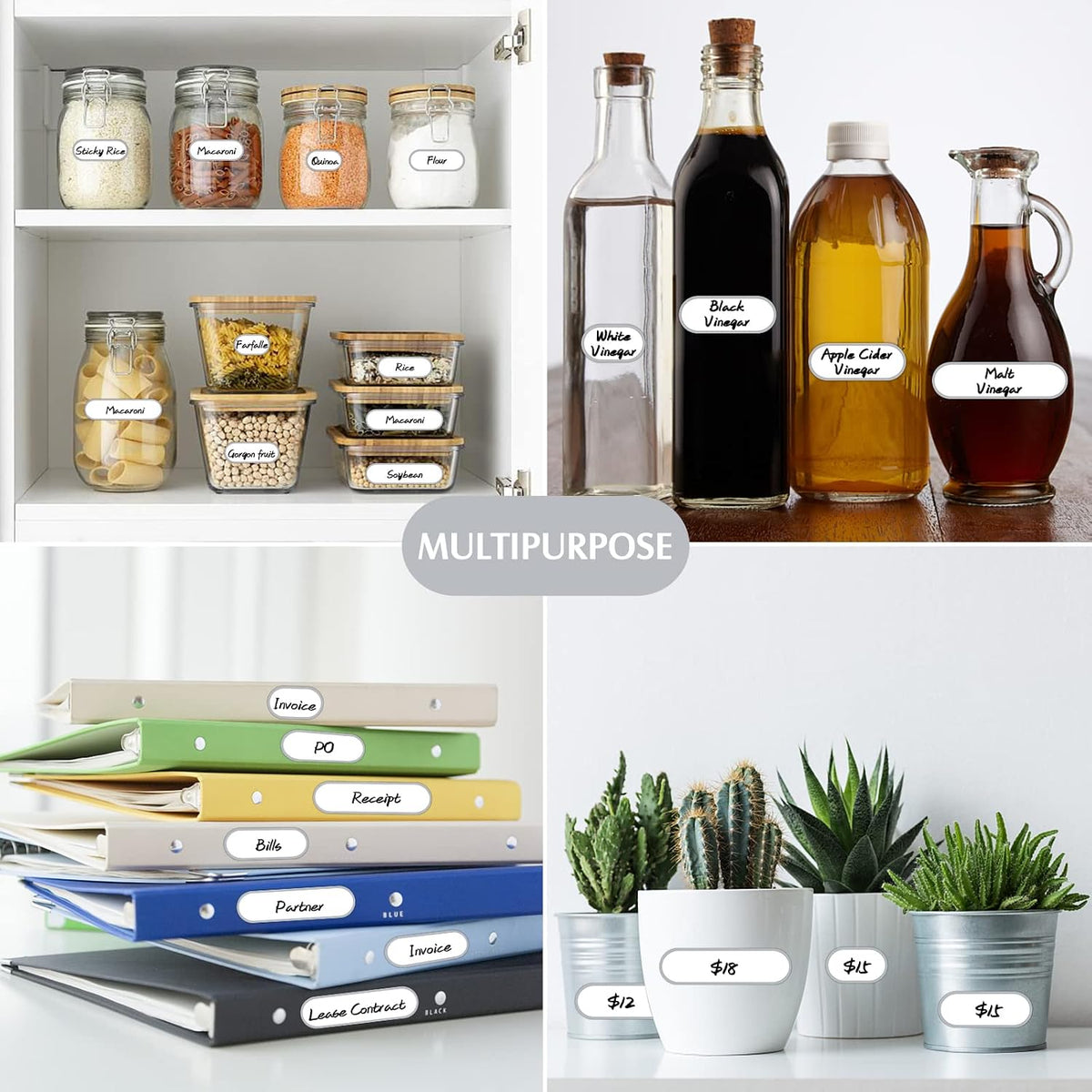 Waterproof Removable Labels for Bottles, Jars & Food Containers - Self-Adhesive Stickers for Kitchen Pantry Storage, Spice Labels, Travel - 192pcs 4 Sizes with Silver Border