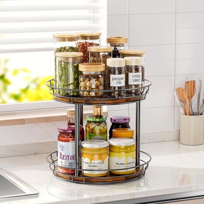 LAMU 2 Tier Lazy Susan Turntable Rotating Spice Rack Organizer for Cabinet | 10" 2-Tier Wooden Lazy Susan Smooth Spinning Revolving Seasoning Organizer for Kitchen Countertop Tabletop Pantry Coffee Bar
