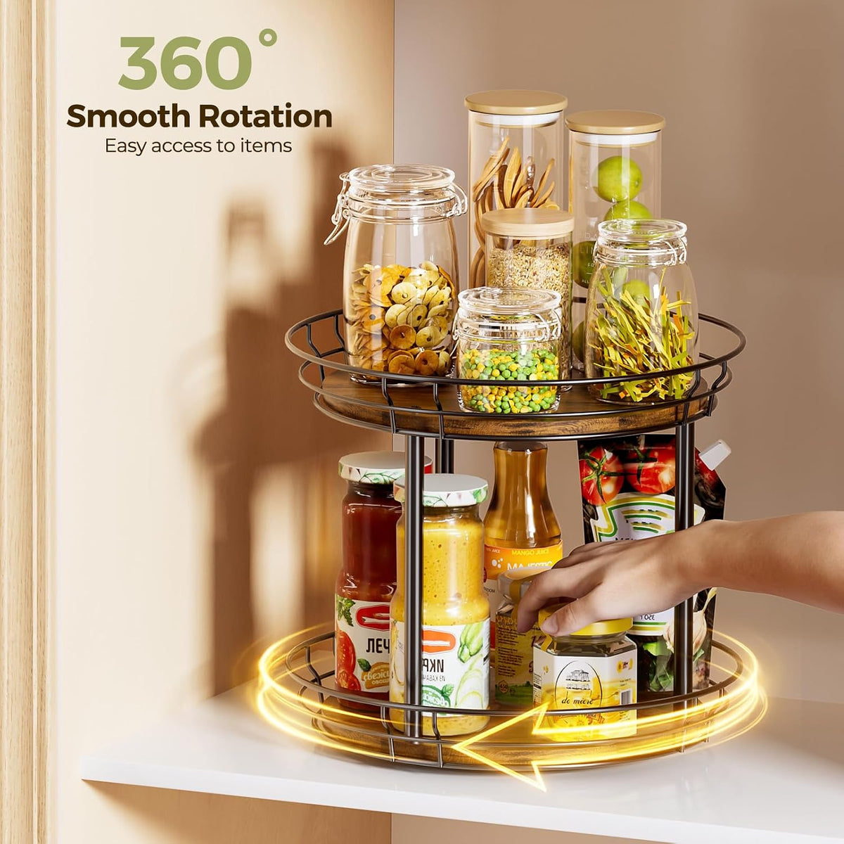 LAMU 2 Tier Lazy Susan Turntable Rotating Spice Rack Organizer for Cabinet | 10" 2-Tier Wooden Lazy Susan Smooth Spinning Revolving Seasoning Organizer for Kitchen Countertop Tabletop Pantry Coffee Bar