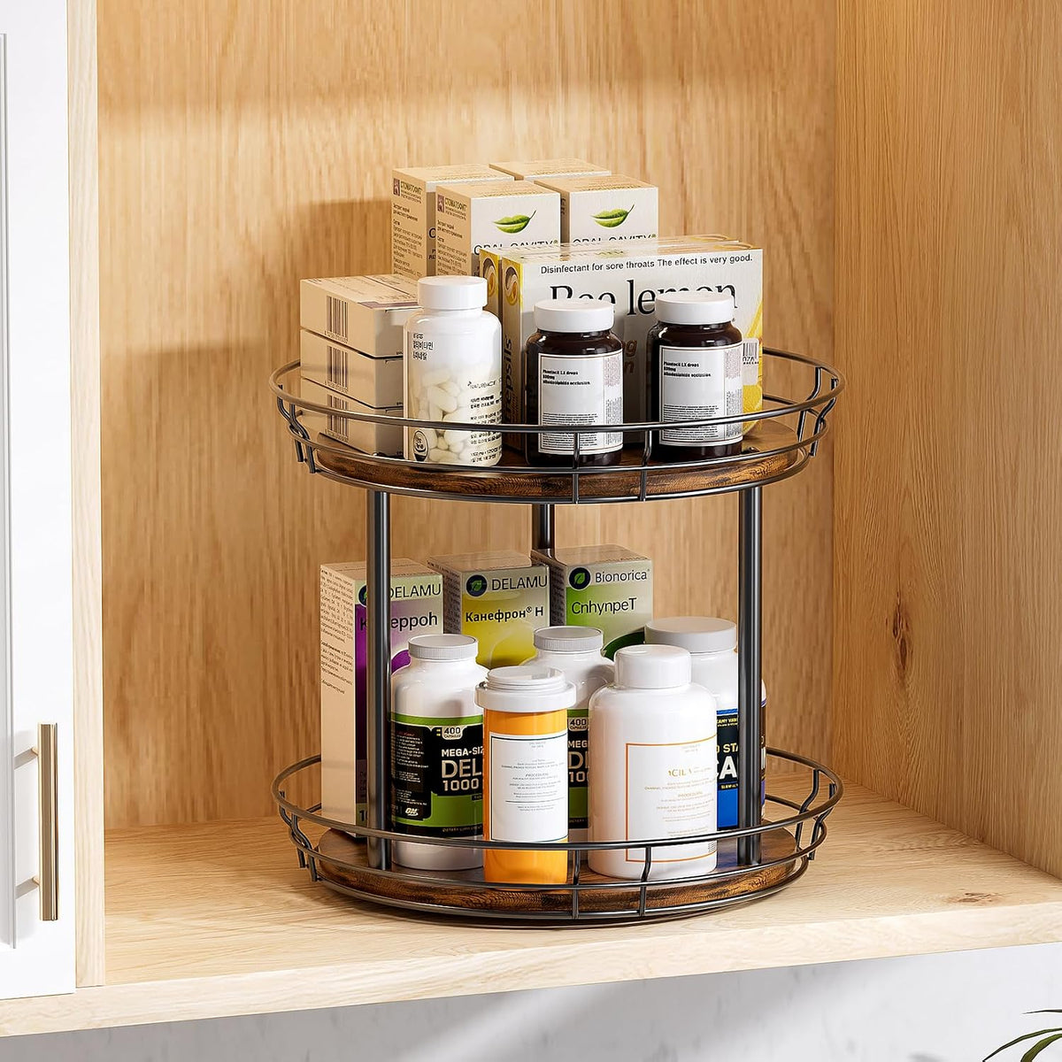 LAMU 2 Tier Lazy Susan Turntable Rotating Spice Rack Organizer for Cabinet | 10" 2-Tier Wooden Lazy Susan Smooth Spinning Revolving Seasoning Organizer for Kitchen Countertop Tabletop Pantry Coffee Bar