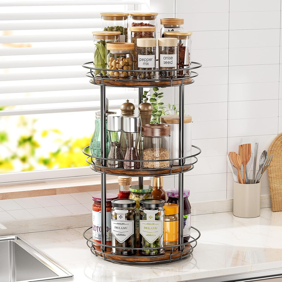 LAMU 2 Tier Lazy Susan Turntable Rotating Spice Rack Organizer for Cabinet | 10" 2-Tier Wooden Lazy Susan Smooth Spinning Revolving Seasoning Organizer for Kitchen Countertop Tabletop Pantry Coffee Bar