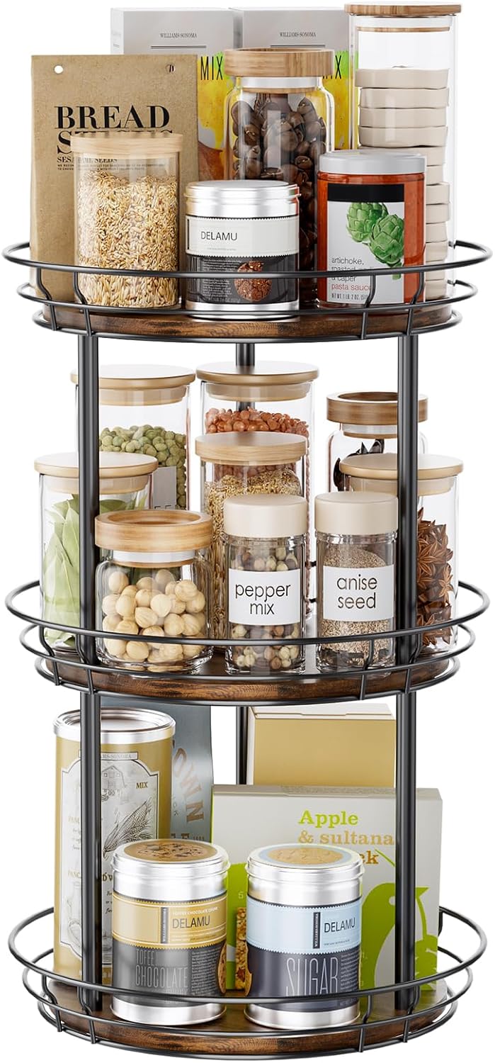 LAMU 2 Tier Lazy Susan Turntable Rotating Spice Rack Organizer for Cabinet | 10" 2-Tier Wooden Lazy Susan Smooth Spinning Revolving Seasoning Organizer for Kitchen Countertop Tabletop Pantry Coffee Bar