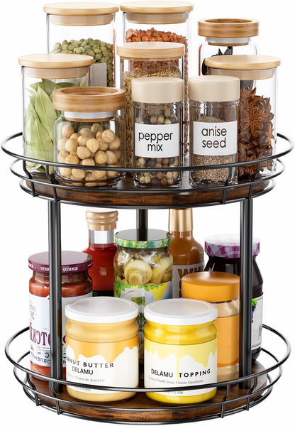 LAMU 2 Tier Lazy Susan Turntable Rotating Spice Rack Organizer for Cabinet | 10" 2-Tier Wooden Lazy Susan Smooth Spinning Revolving Seasoning Organizer for Kitchen Countertop Tabletop Pantry Coffee Bar