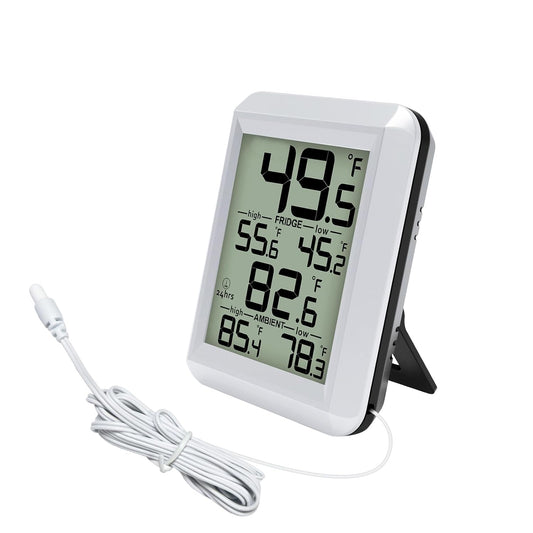 Refrigerator Thermometer, Waterproof Digital Fridge Freezer Room Thermometer Wired with Large LCD Display and Max/Min Record Function