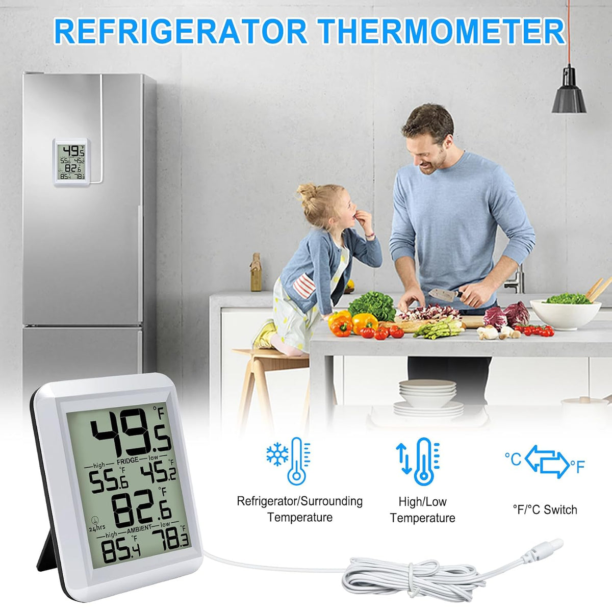 Refrigerator Thermometer, Waterproof Digital Fridge Freezer Room Thermometer Wired with Large LCD Display and Max/Min Record Function