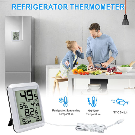 Refrigerator Thermometer, Waterproof Digital Fridge Freezer Room Thermometer Wired with Large LCD Display and Max/Min Record Function