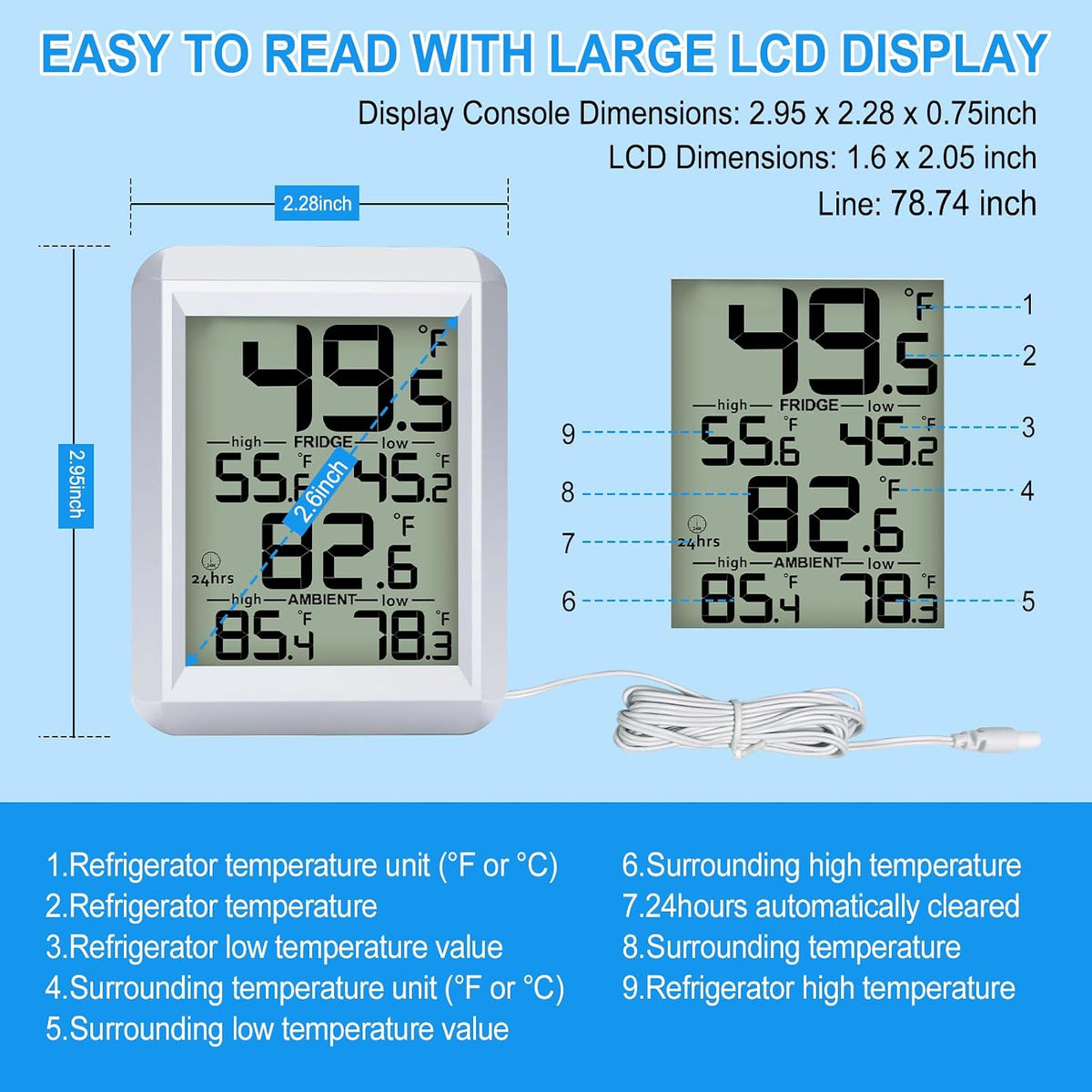 Refrigerator Thermometer, Waterproof Digital Fridge Freezer Room Thermometer Wired with Large LCD Display and Max/Min Record Function