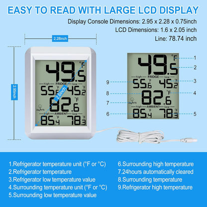 Refrigerator Thermometer, Waterproof Digital Fridge Freezer Room Thermometer Wired with Large LCD Display and Max/Min Record Function
