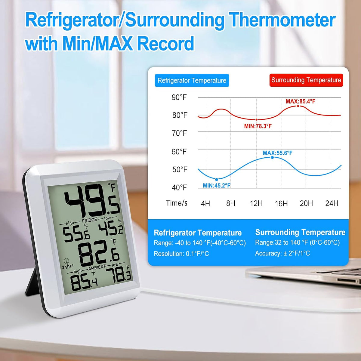 Refrigerator Thermometer, Waterproof Digital Fridge Freezer Room Thermometer Wired with Large LCD Display and Max/Min Record Function