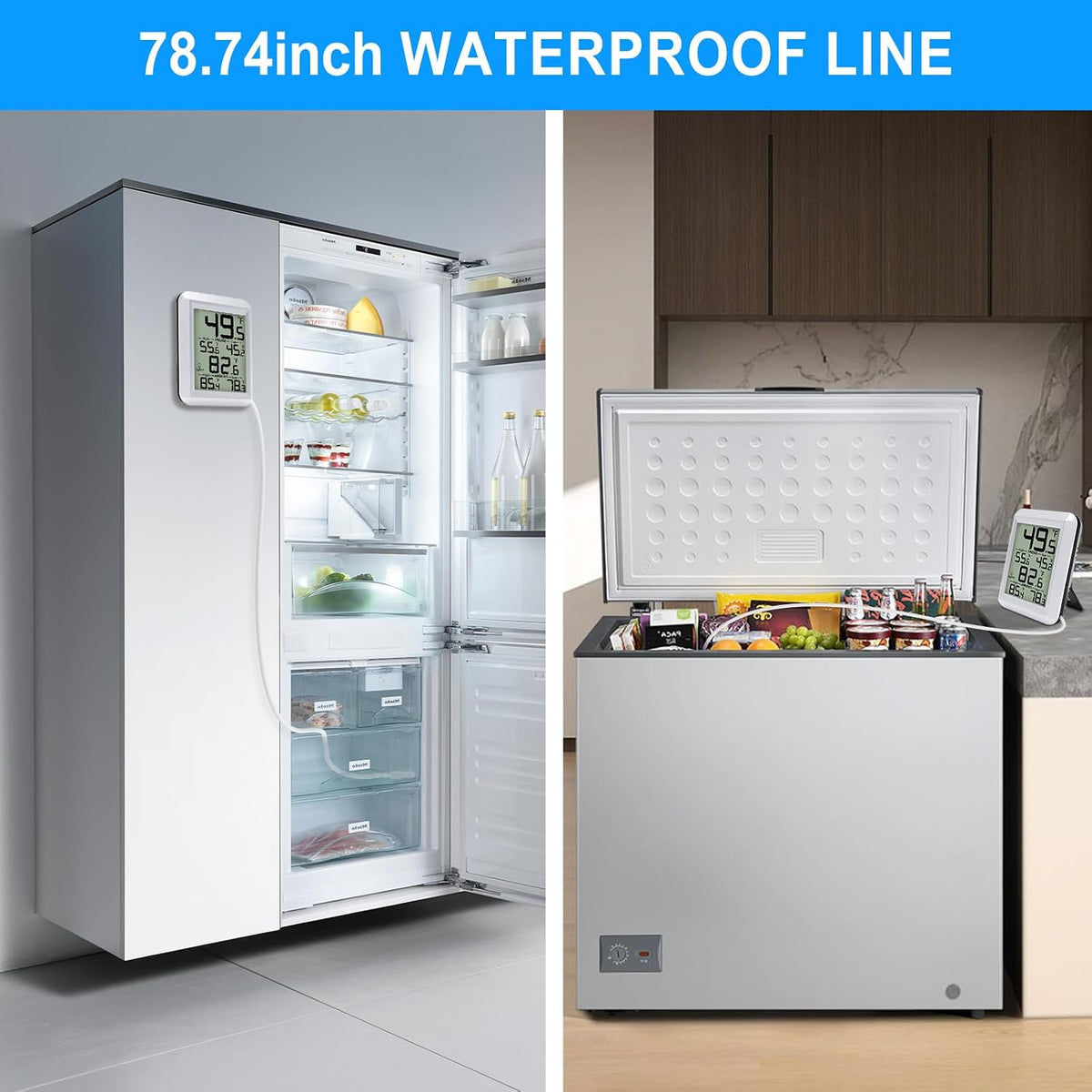 Refrigerator Thermometer, Waterproof Digital Fridge Freezer Room Thermometer Wired with Large LCD Display and Max/Min Record Function