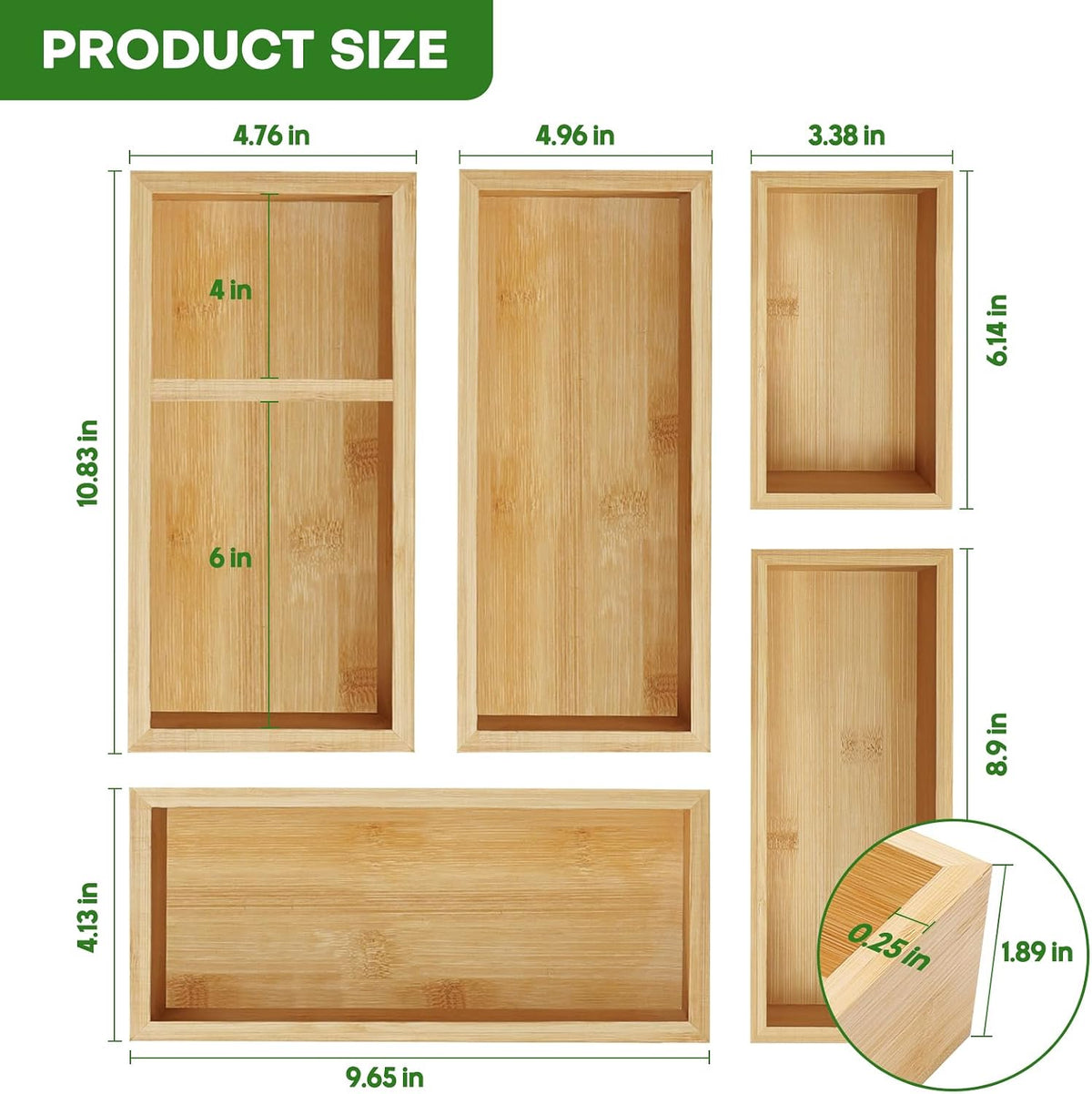 Bamboo Drawer Organizer Set, Individual Wood Storage Organizers