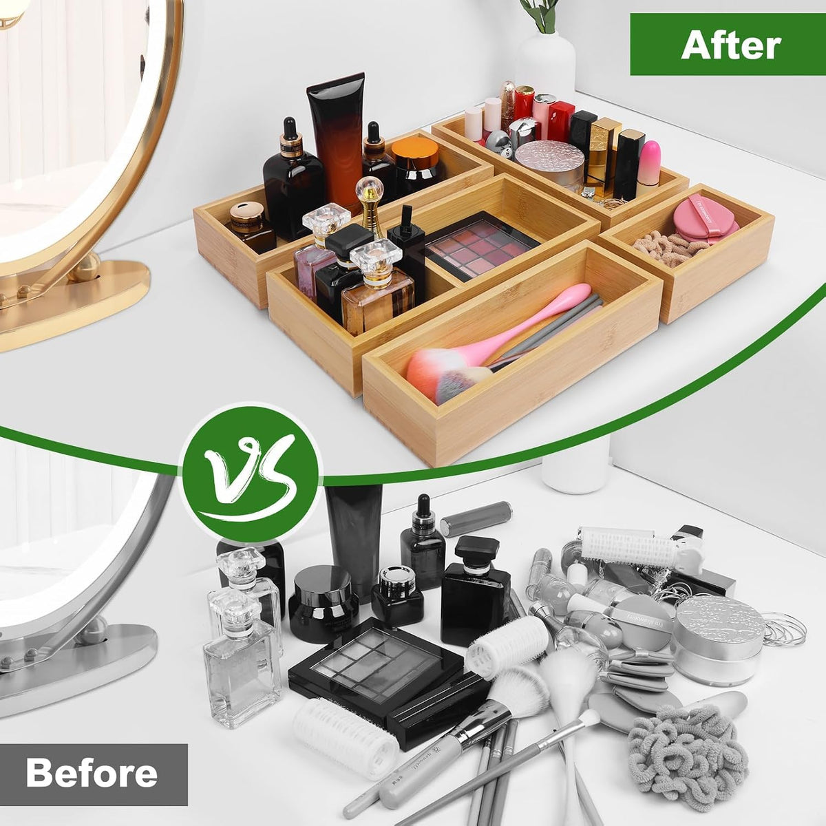 Bamboo Drawer Organizer Set, Individual Wood Storage Organizers