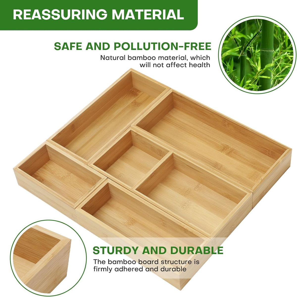 Bamboo Drawer Organizer Set, Individual Wood Storage Organizers