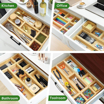 Bamboo Drawer Organizer Set, Individual Wood Storage Organizers