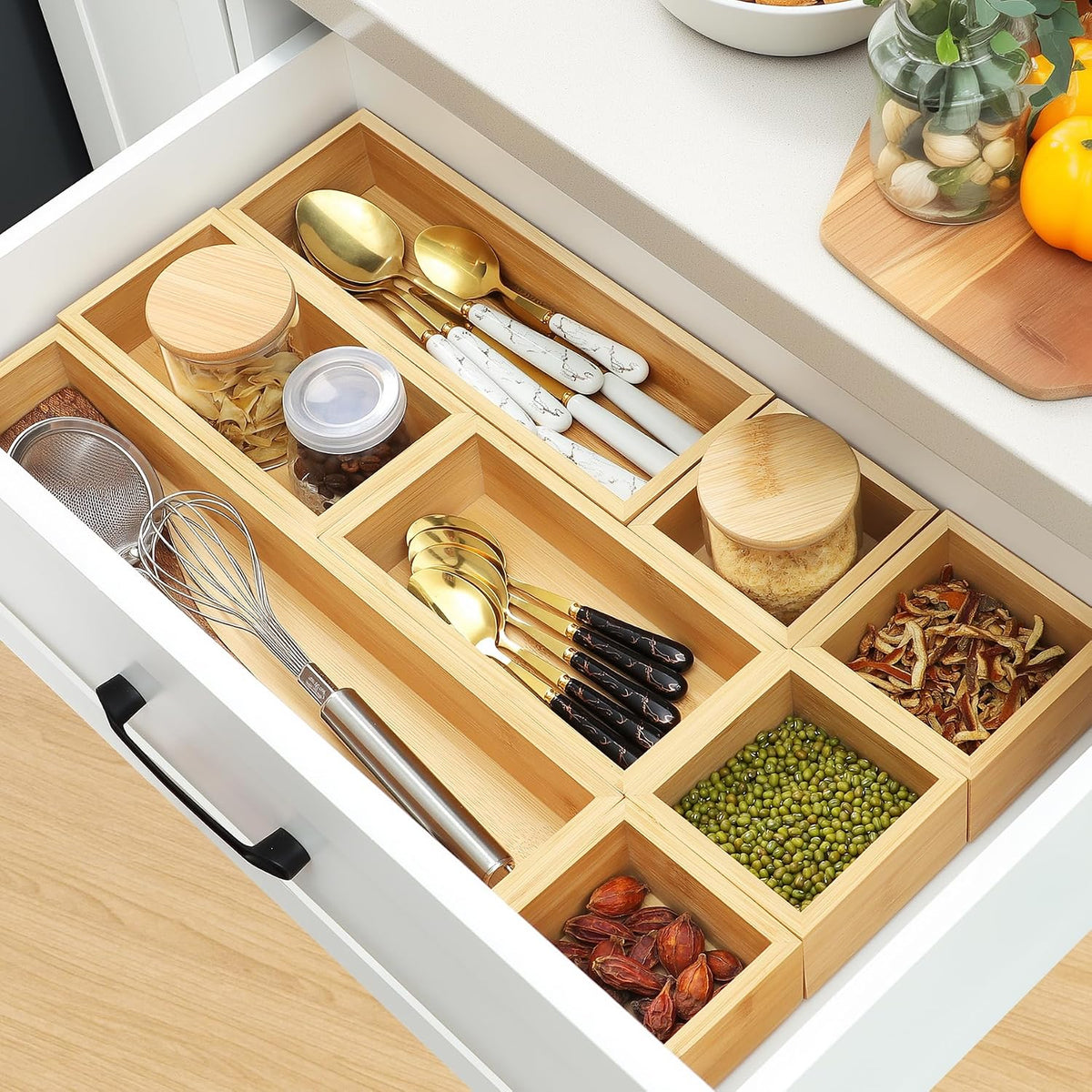 Bamboo Drawer Organizer Set, Individual Wood Storage Organizers