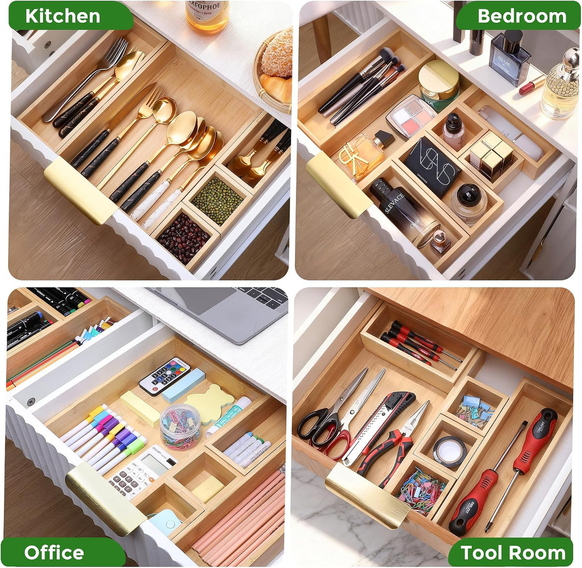 Bamboo Drawer Organizer Set, Individual Wood Storage Organizers