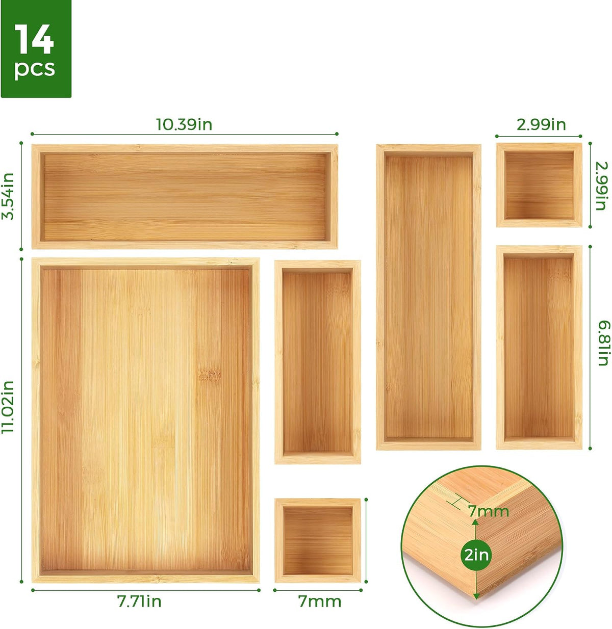 Bamboo Drawer Organizer Set, Individual Wood Storage Organizers