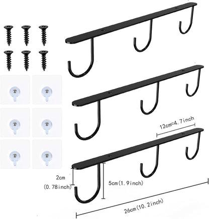 3pcs Under Cabinet Mug Hooks,Adhesive/Screw 2 Ways Install Mug Holder,Coffee Cups Hook with 9 Hooks,Mug Organizion Rack for Displaying Mugs/Cups/Kitchen Utensils (Black)