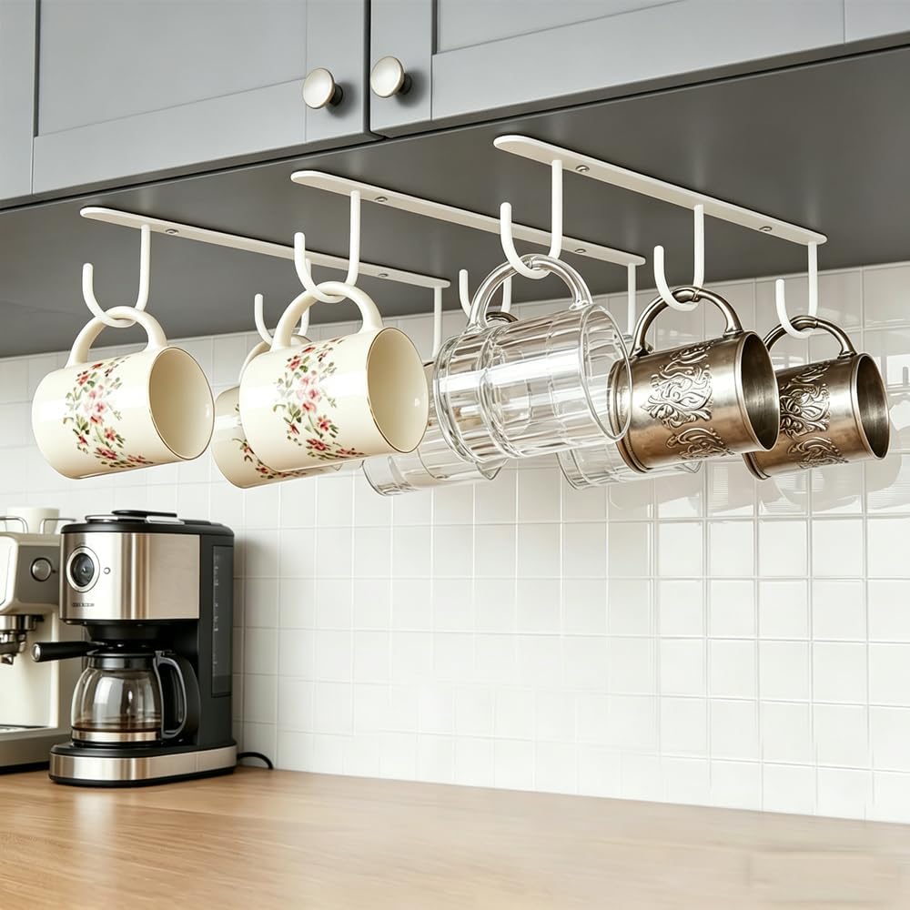 3pcs Under Cabinet Mug Hooks,Adhesive/Screw 2 Ways Install Mug Holder,Coffee Cups Hook with 9 Hooks,Mug Organizion Rack for Displaying Mugs/Cups/Kitchen Utensils (Black)