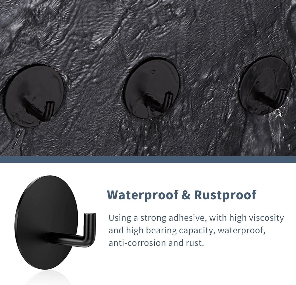 Adhesive Hooks Heavy Duty Waterproof in Shower Hooks for Hanging Loofah, Towels, Clothes, Robes for Bathroom Removable Adhesive Wall Hooks Door Hook Stainless Steel Black Stick on Hooks 4 Pcs
