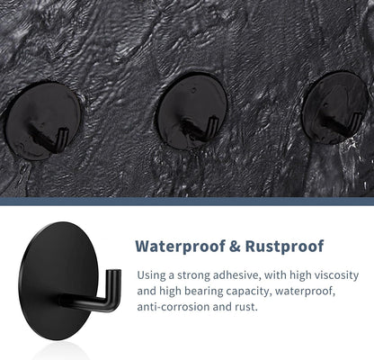 Adhesive Hooks Heavy Duty Waterproof in Shower Hooks for Hanging Loofah, Towels, Clothes, Robes for Bathroom Removable Adhesive Wall Hooks Door Hook Stainless Steel Black Stick on Hooks 4 Pcs
