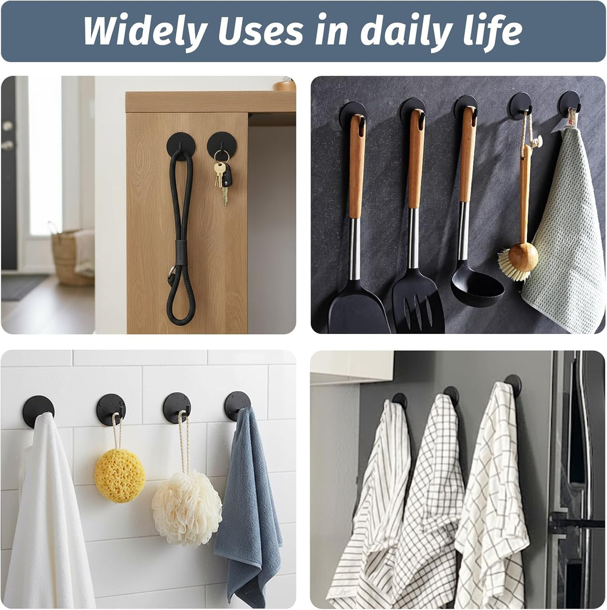 Adhesive Hooks Heavy Duty Waterproof in Shower Hooks for Hanging Loofah, Towels, Clothes, Robes for Bathroom Removable Adhesive Wall Hooks Door Hook Stainless Steel Black Stick on Hooks 4 Pcs