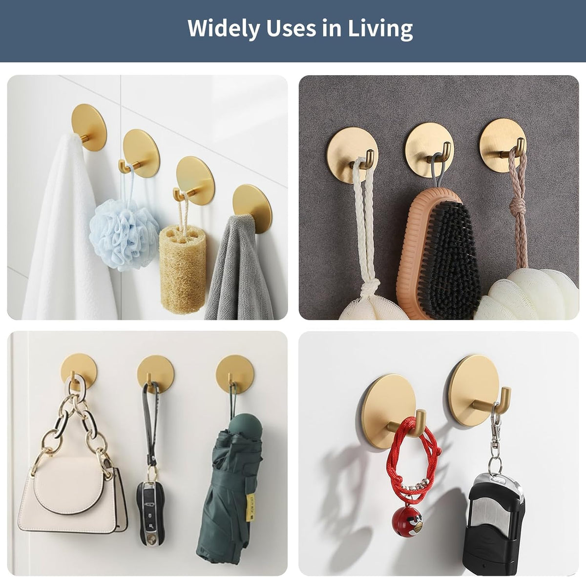 Adhesive Hooks Heavy Duty Waterproof in Shower Hooks for Hanging Loofah, Towels, Clothes, Robes for Bathroom Removable Adhesive Wall Hooks Door Hook Stainless Steel Black Stick on Hooks 4 Pcs