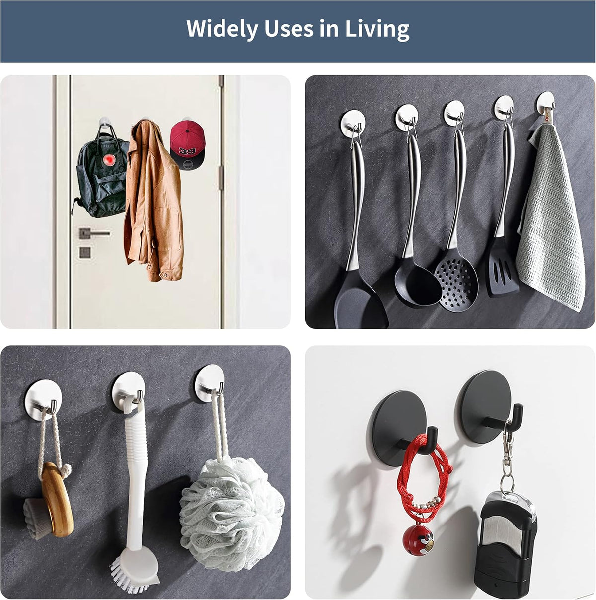 Adhesive Hooks Heavy Duty Waterproof in Shower Hooks for Hanging Loofah, Towels, Clothes, Robes for Bathroom Removable Adhesive Wall Hooks Door Hook Stainless Steel Black Stick on Hooks 4 Pcs