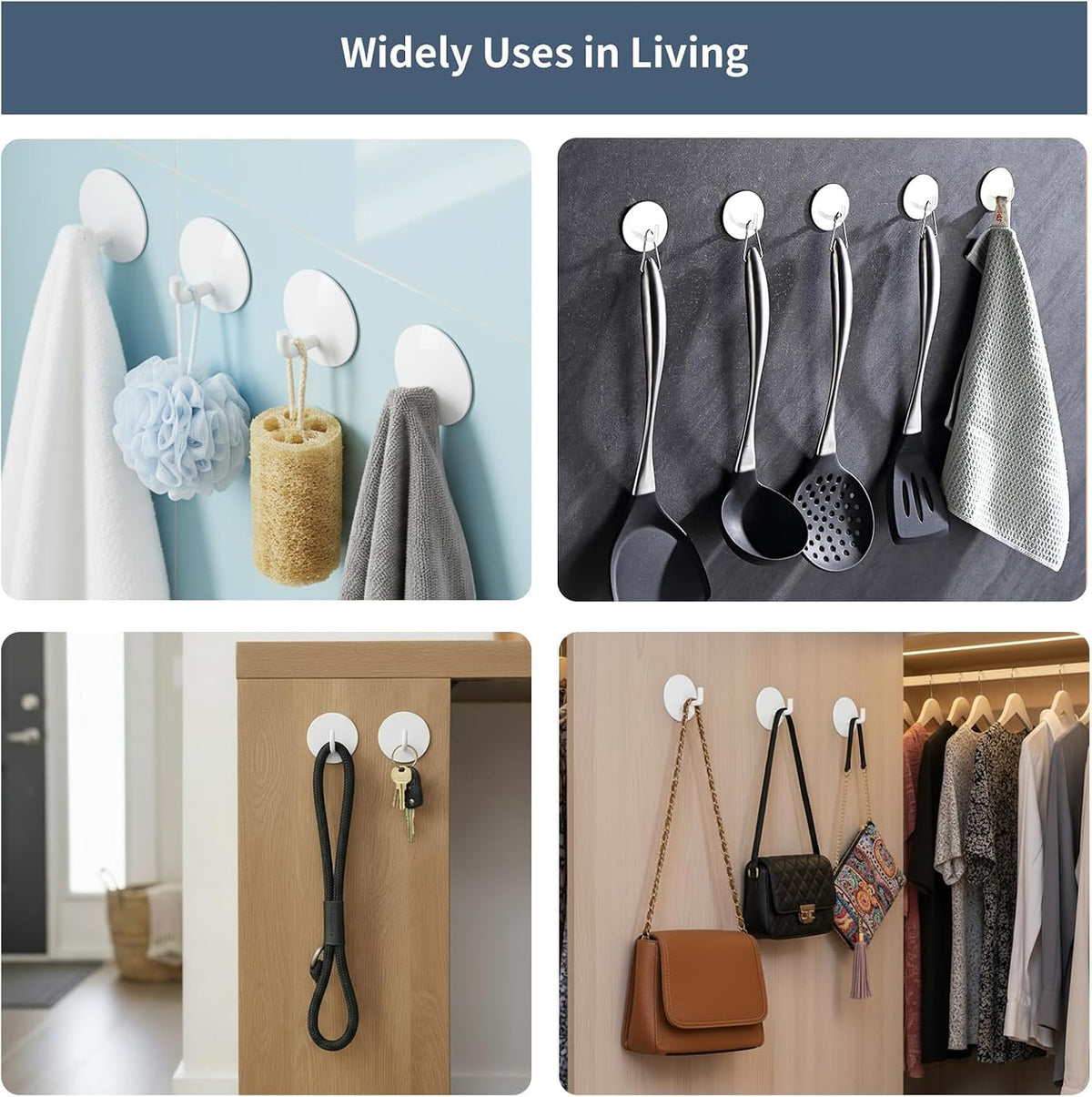 Adhesive Hooks Heavy Duty Waterproof in Shower Hooks for Hanging Loofah, Towels, Clothes, Robes for Bathroom Removable Adhesive Wall Hooks Door Hook Stainless Steel Black Stick on Hooks 4 Pcs