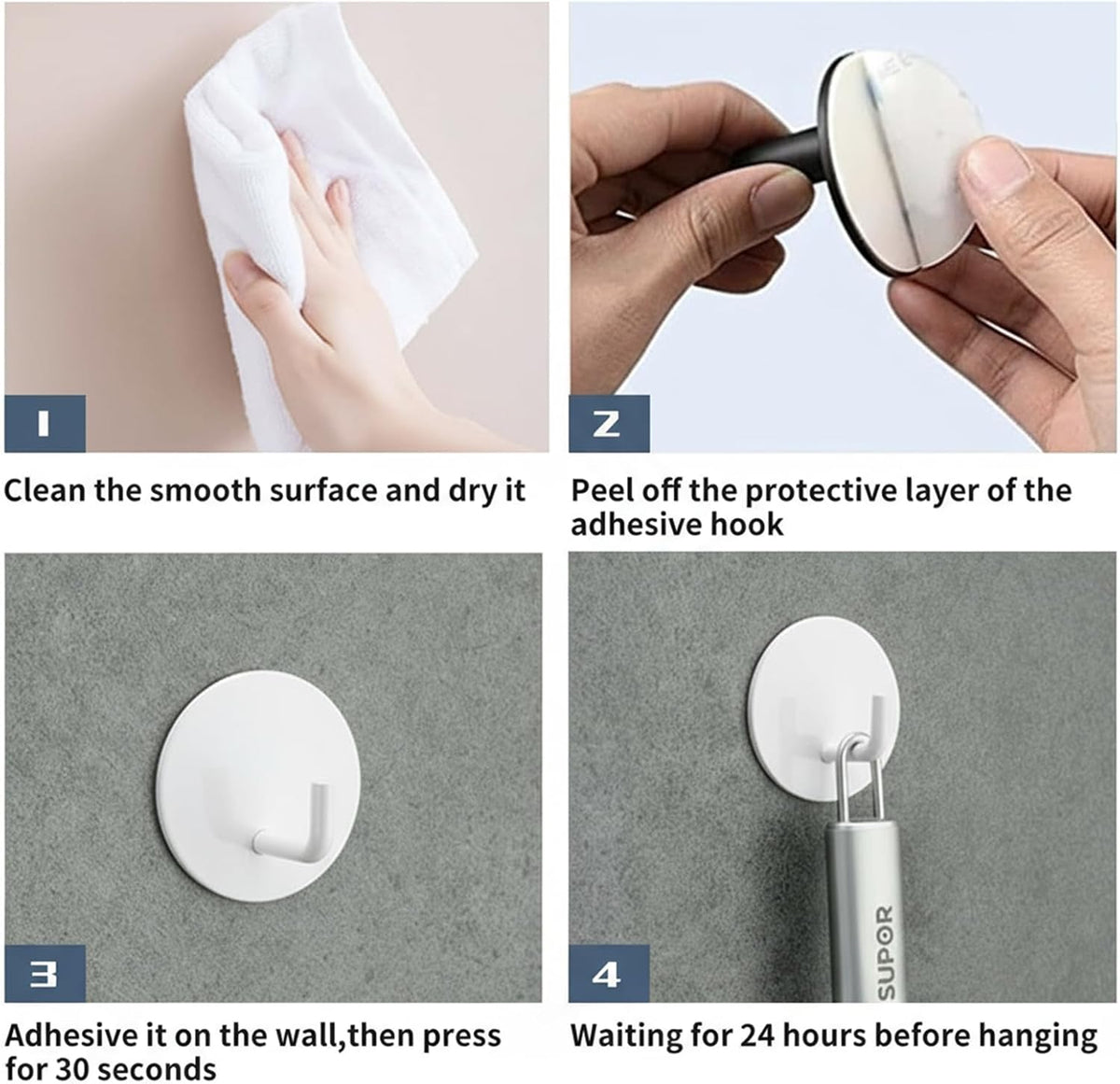 Adhesive Hooks Heavy Duty Waterproof in Shower Hooks for Hanging Loofah, Towels, Clothes, Robes for Bathroom Removable Adhesive Wall Hooks Door Hook Stainless Steel Black Stick on Hooks 4 Pcs