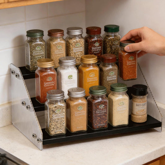 Tiered Spice Rack Organizer for Countertop & Cabinet, 3-Tier 12in Kitchen Seasoning Storage Shelf, Space Saving Standing Spice Organizer, Wooden & Acrylic, Rustic Brown