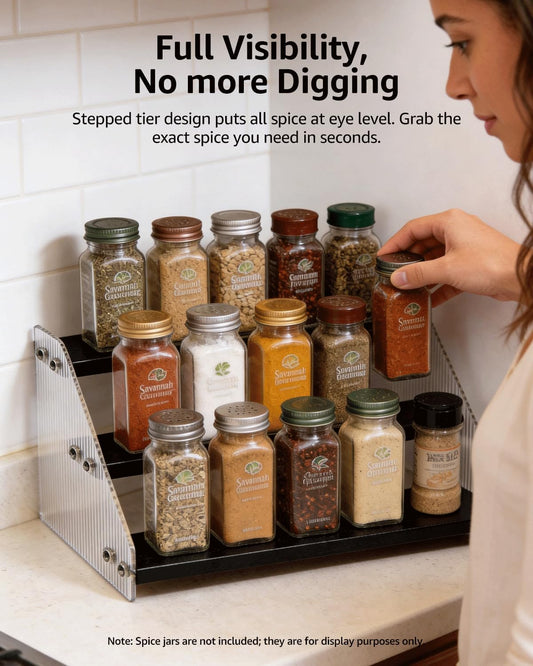 Tiered Spice Rack Organizer for Countertop & Cabinet, 3-Tier 12in Kitchen Seasoning Storage Shelf, Space Saving Standing Spice Organizer, Wooden & Acrylic, Rustic Brown