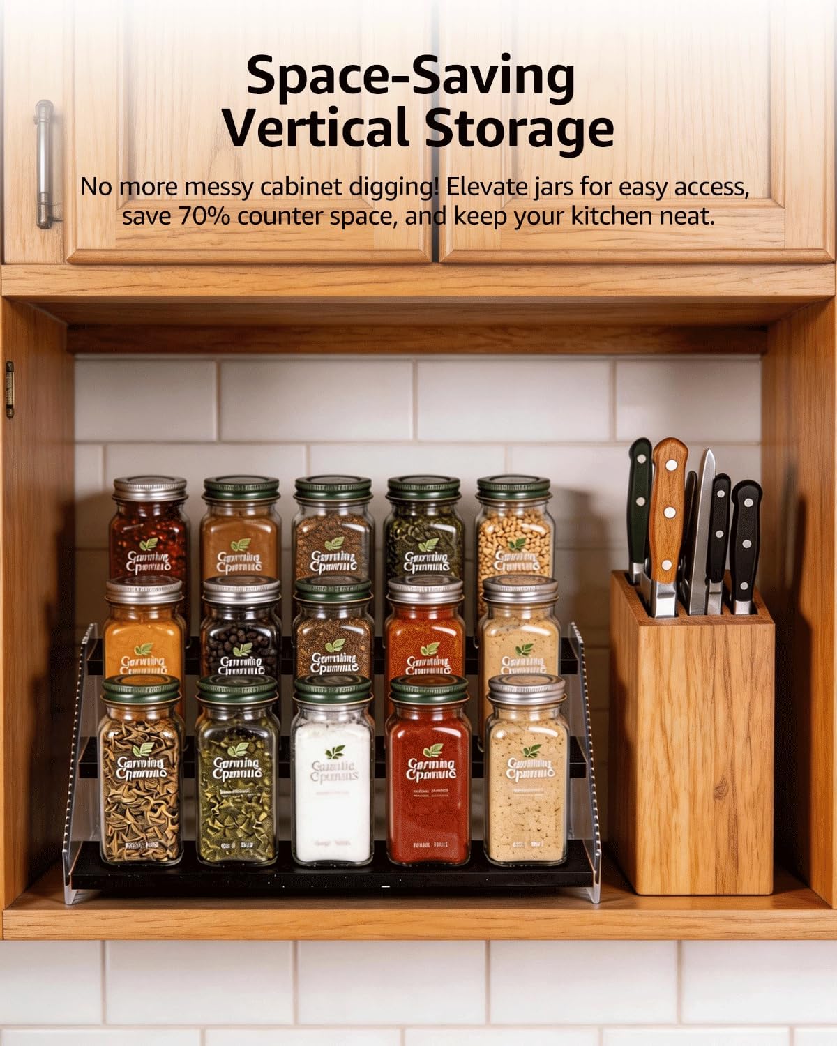 Tiered Spice Rack Organizer for Countertop & Cabinet, 3-Tier 12in Kitchen Seasoning Storage Shelf, Space Saving Standing Spice Organizer, Wooden & Acrylic, Rustic Brown