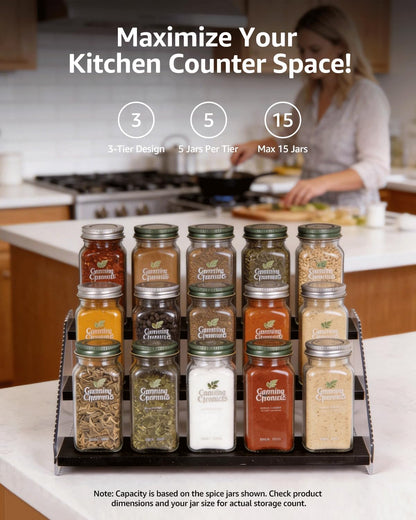 Tiered Spice Rack Organizer for Countertop & Cabinet, 3-Tier 12in Kitchen Seasoning Storage Shelf, Space Saving Standing Spice Organizer, Wooden & Acrylic, Rustic Brown
