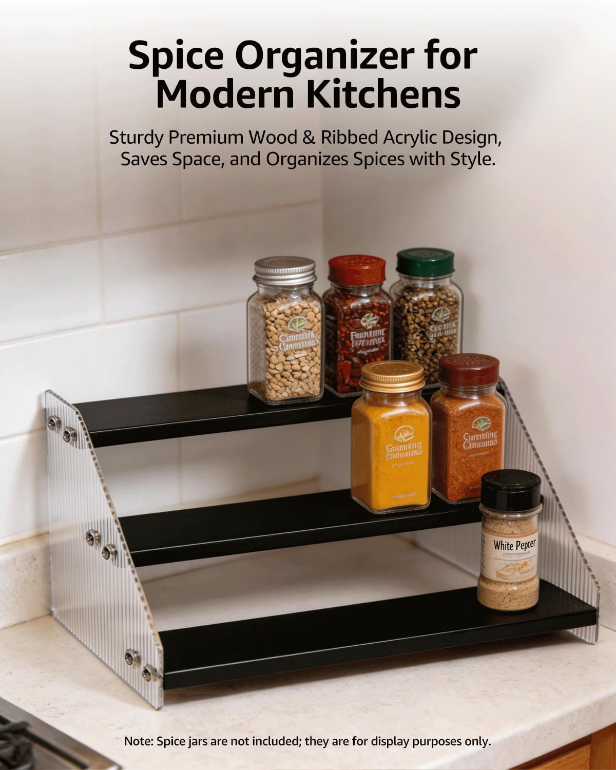 Tiered Spice Rack Organizer for Countertop & Cabinet, 3-Tier 12in Kitchen Seasoning Storage Shelf, Space Saving Standing Spice Organizer, Wooden & Acrylic, Rustic Brown