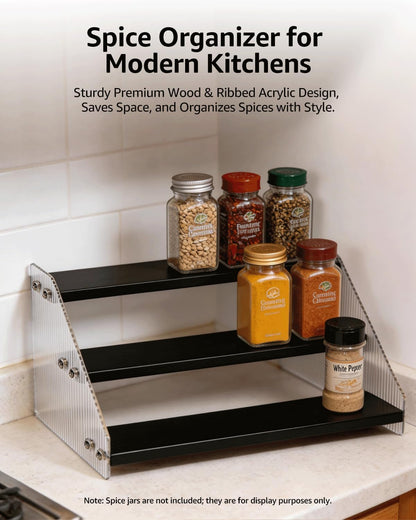 Tiered Spice Rack Organizer for Countertop & Cabinet, 3-Tier 12in Kitchen Seasoning Storage Shelf, Space Saving Standing Spice Organizer, Wooden & Acrylic, Rustic Brown