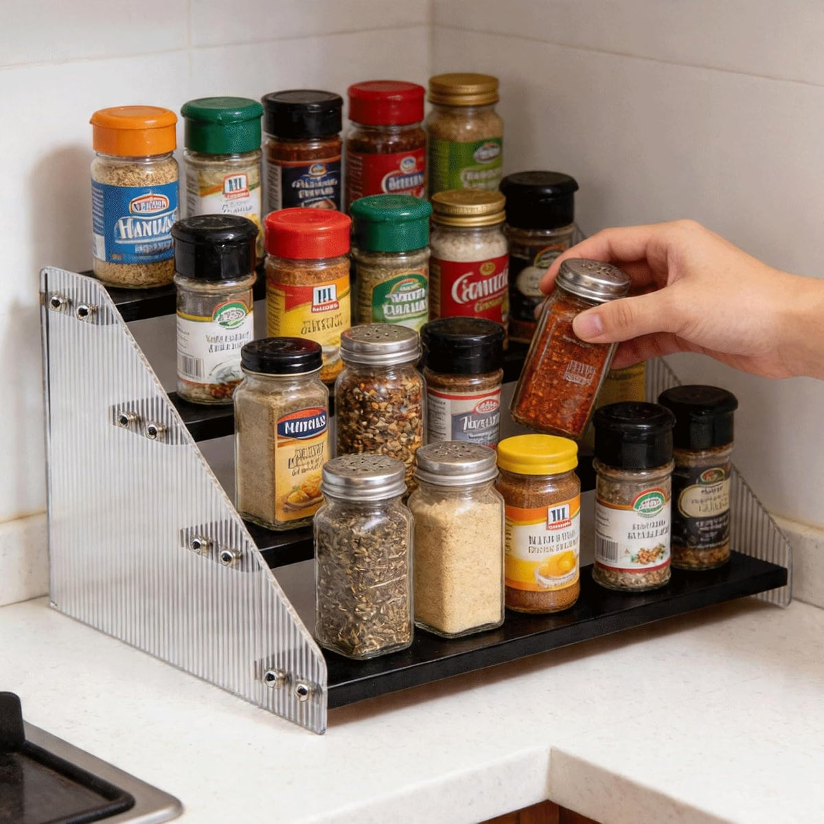 Tiered Spice Rack Organizer for Countertop & Cabinet, 3-Tier 12in Kitchen Seasoning Storage Shelf, Space Saving Standing Spice Organizer, Wooden & Acrylic, Rustic Brown
