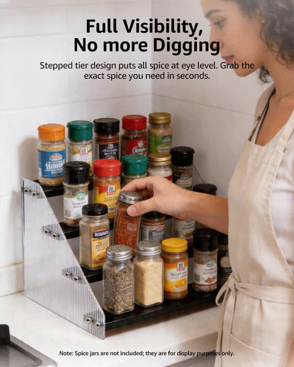 Tiered Spice Rack Organizer for Countertop & Cabinet, 3-Tier 12in Kitchen Seasoning Storage Shelf, Space Saving Standing Spice Organizer, Wooden & Acrylic, Rustic Brown
