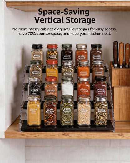 Tiered Spice Rack Organizer for Countertop & Cabinet, 3-Tier 12in Kitchen Seasoning Storage Shelf, Space Saving Standing Spice Organizer, Wooden & Acrylic, Rustic Brown