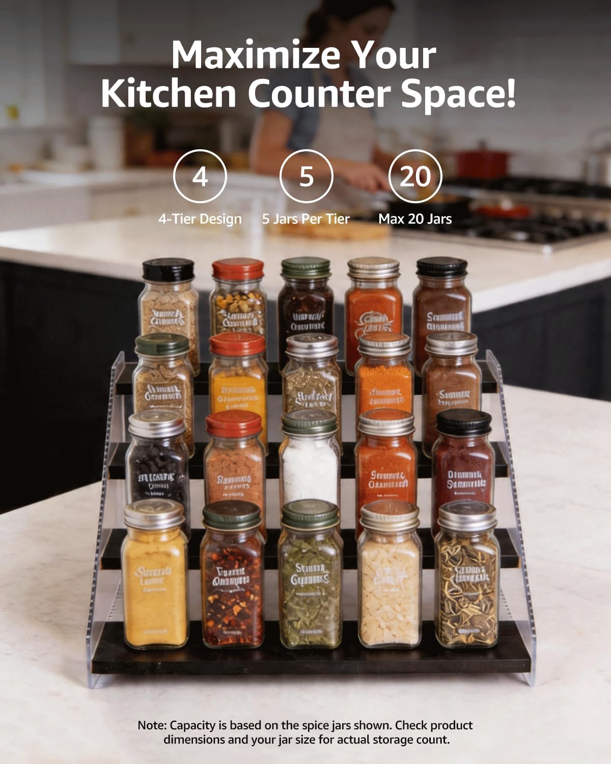 Tiered Spice Rack Organizer for Countertop & Cabinet, 3-Tier 12in Kitchen Seasoning Storage Shelf, Space Saving Standing Spice Organizer, Wooden & Acrylic, Rustic Brown