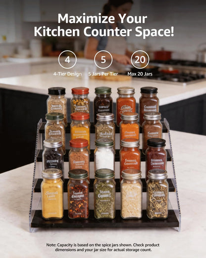 Tiered Spice Rack Organizer for Countertop & Cabinet, 3-Tier 12in Kitchen Seasoning Storage Shelf, Space Saving Standing Spice Organizer, Wooden & Acrylic, Rustic Brown