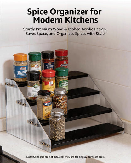 Tiered Spice Rack Organizer for Countertop & Cabinet, 3-Tier 12in Kitchen Seasoning Storage Shelf, Space Saving Standing Spice Organizer, Wooden & Acrylic, Rustic Brown