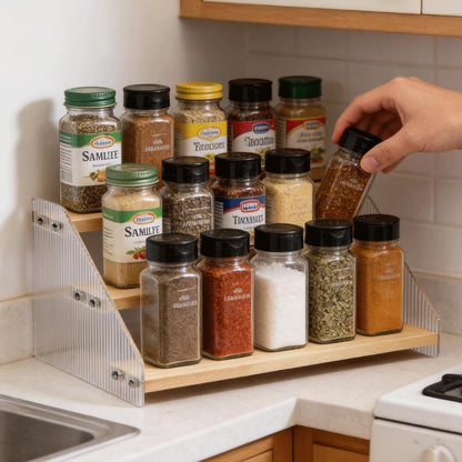 Tiered Spice Rack Organizer for Countertop & Cabinet, 3-Tier 12in Kitchen Seasoning Storage Shelf, Space Saving Standing Spice Organizer, Wooden & Acrylic, Rustic Brown
