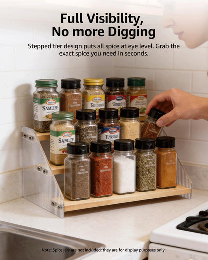 Tiered Spice Rack Organizer for Countertop & Cabinet, 3-Tier 12in Kitchen Seasoning Storage Shelf, Space Saving Standing Spice Organizer, Wooden & Acrylic, Rustic Brown