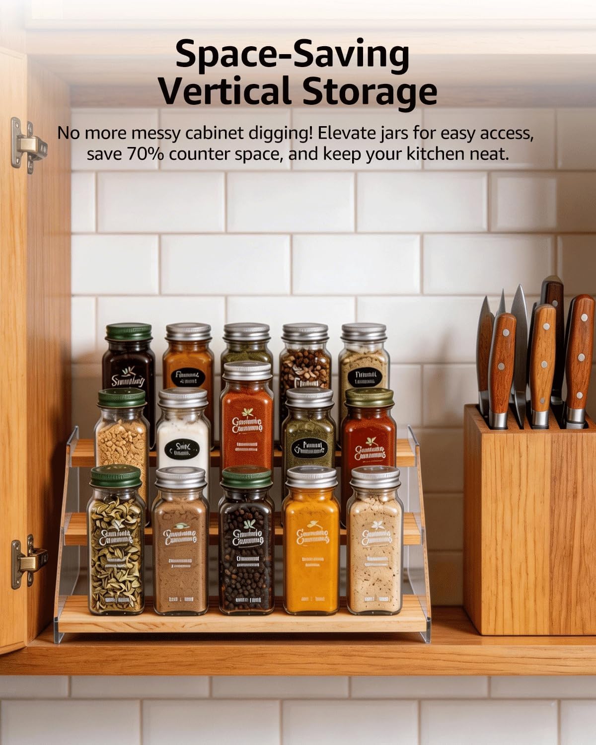 Tiered Spice Rack Organizer for Countertop & Cabinet, 3-Tier 12in Kitchen Seasoning Storage Shelf, Space Saving Standing Spice Organizer, Wooden & Acrylic, Rustic Brown