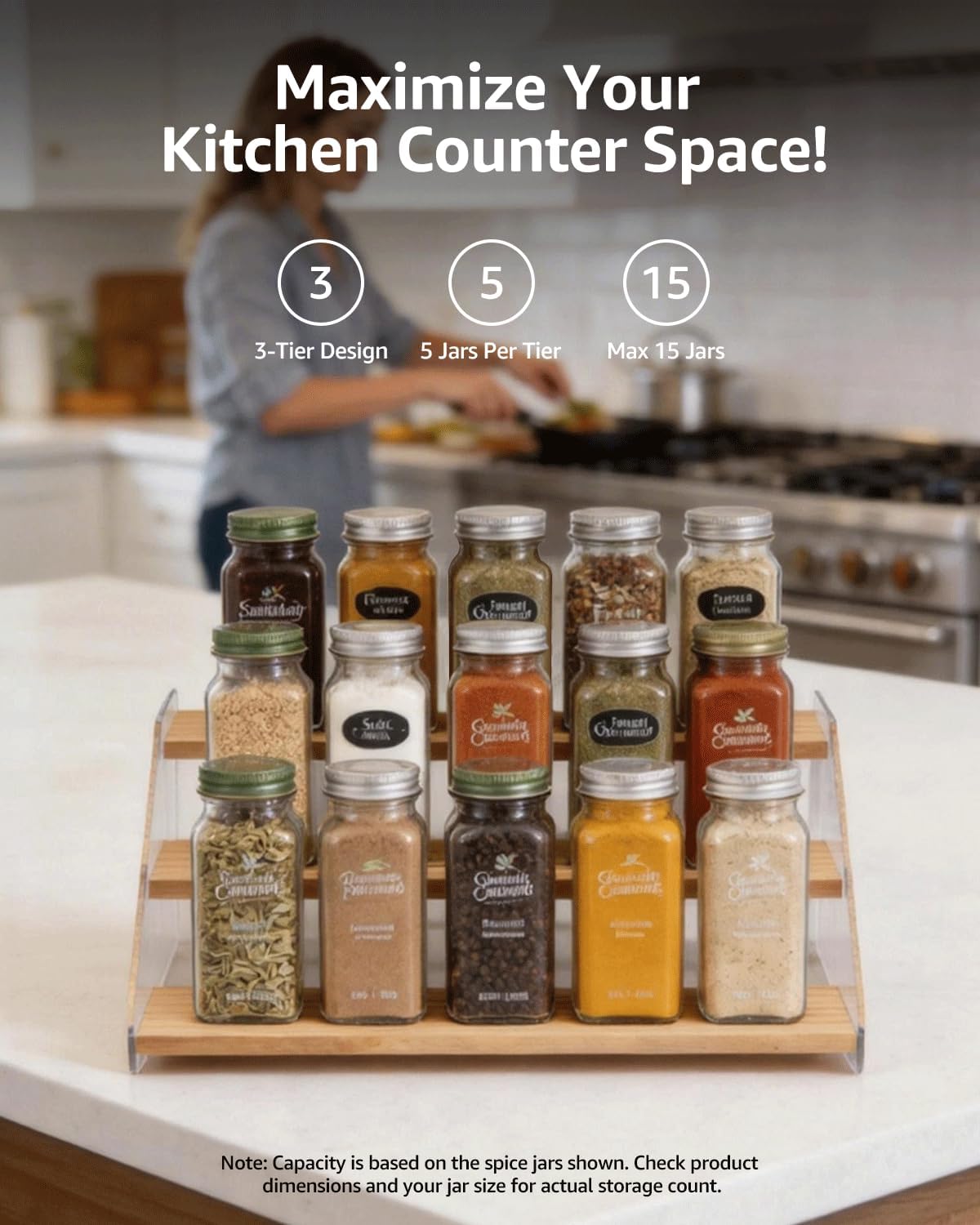 Tiered Spice Rack Organizer for Countertop & Cabinet, 3-Tier 12in Kitchen Seasoning Storage Shelf, Space Saving Standing Spice Organizer, Wooden & Acrylic, Rustic Brown