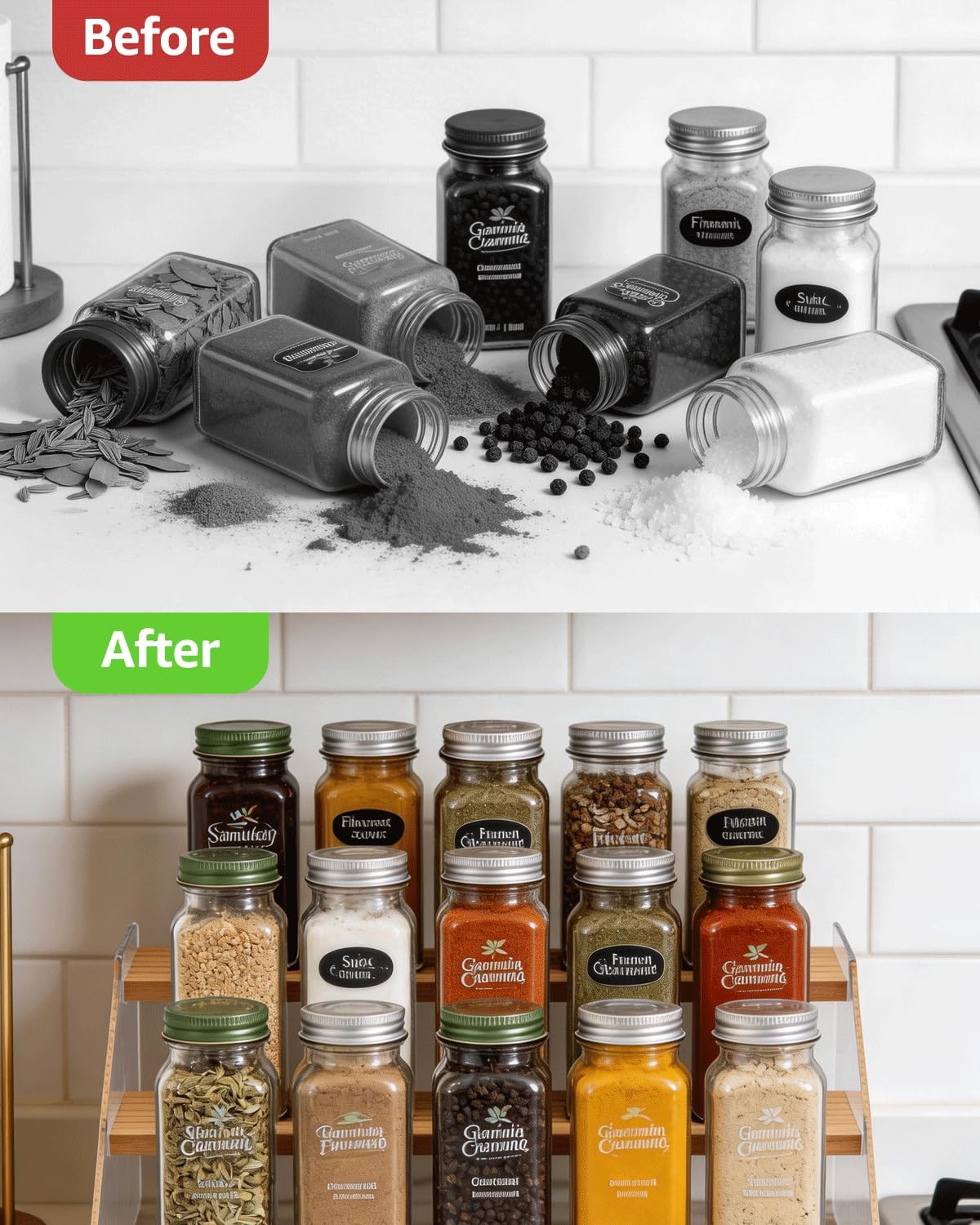 Tiered Spice Rack Organizer for Countertop & Cabinet, 3-Tier 12in Kitchen Seasoning Storage Shelf, Space Saving Standing Spice Organizer, Wooden & Acrylic, Rustic Brown